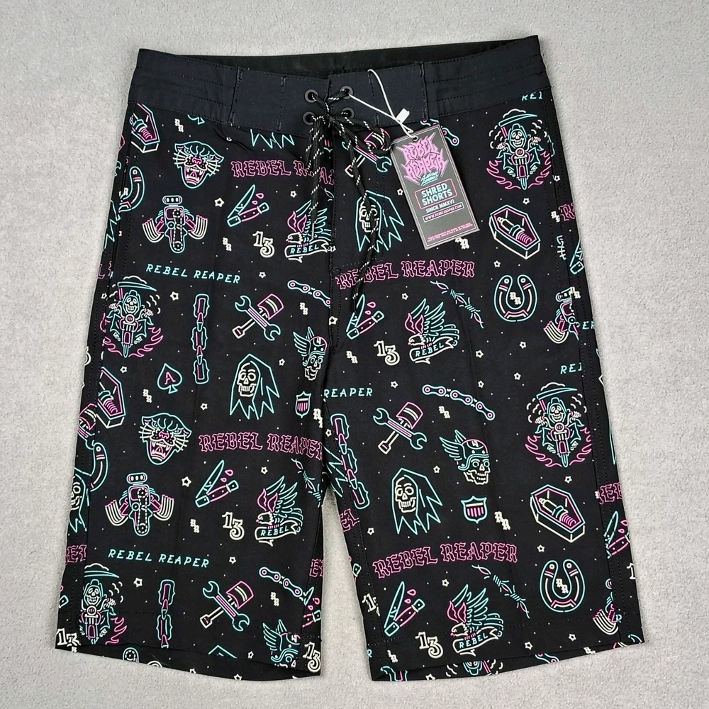 Rebel Reaper Board Shorts Men Small Black Swim Trunks Tattoo Biker Pockets NWT